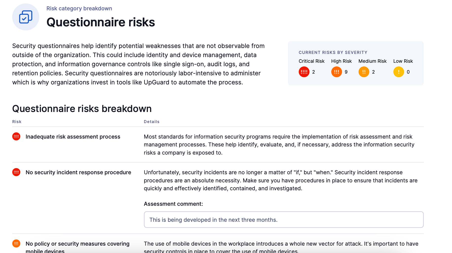 Snapshot of a questionnaire risk breakdown in an example vendor risk assessment report from the UpGuard platform.
