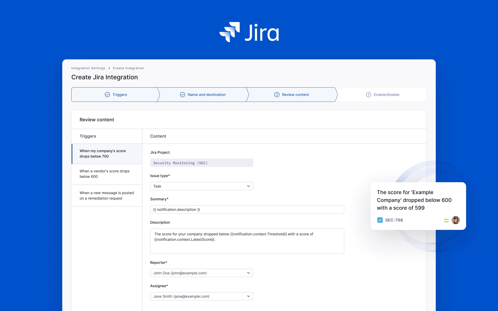 An example of a JIRA integration for the UpGuard platform.