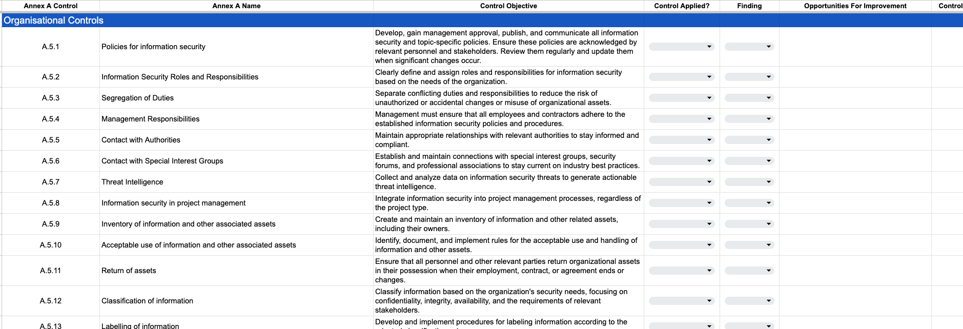 Preview of an ISO 27001 SoA in a spreadsheet format.
