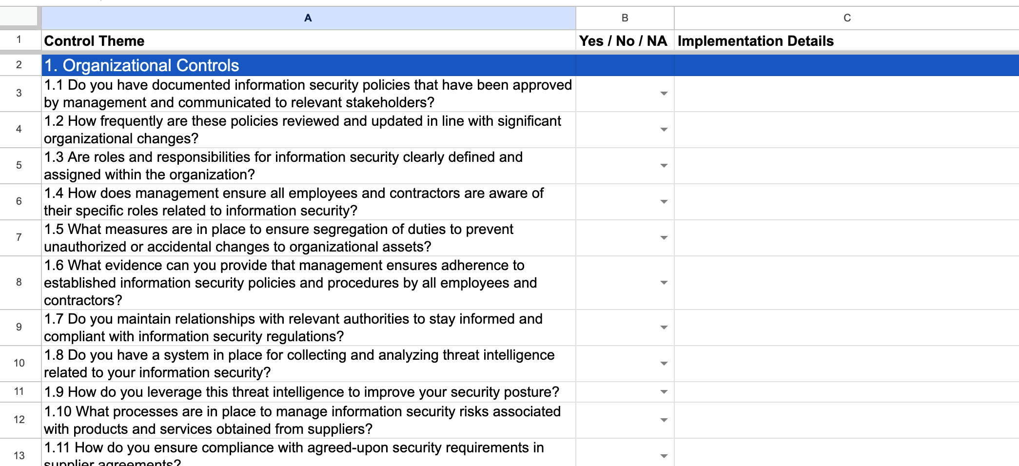 Snapshot of the ISO 27001 vendor security questionnaire template available to download in this toolkit.