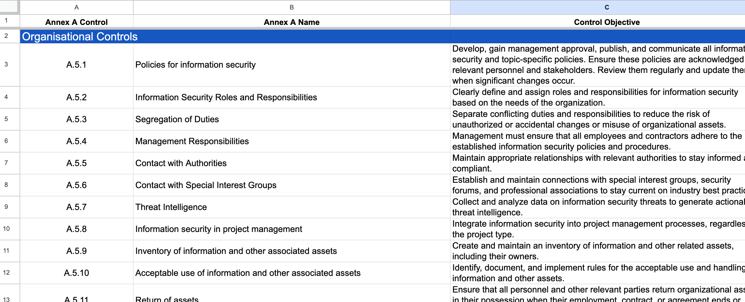Snapshot of the ISO 27001 Statement of Applicability template available to download in this toolkit.