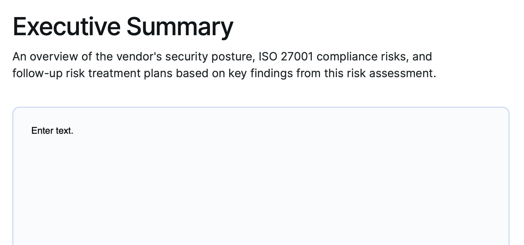 Executive summary section of an ISO 27001 risk assessment template.