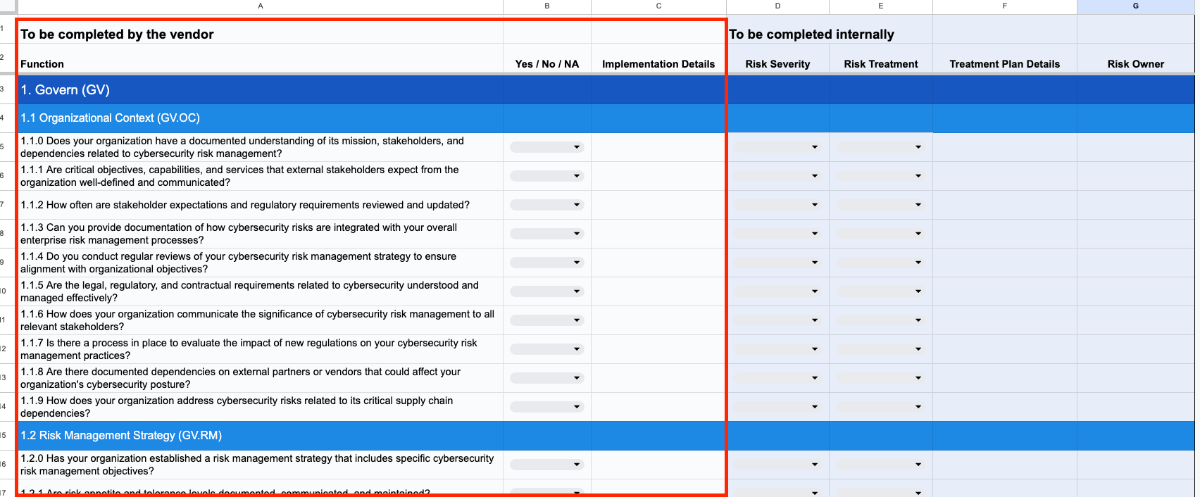 Vendor component of a NIST CSF questionnaire template.