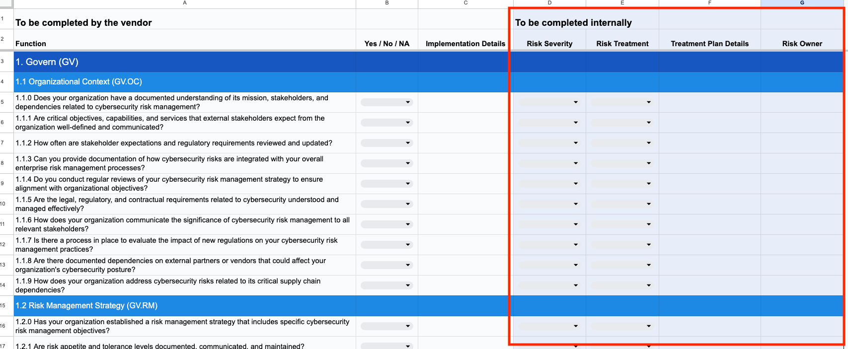 Internal component of a NIST CSF questionnaire template.
