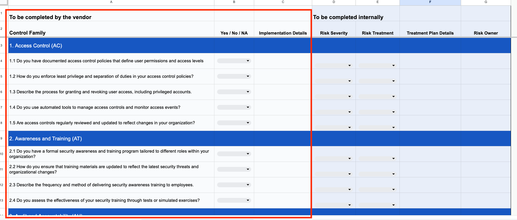 Vendor component of NIST 800-53 vendor questionnaire template.