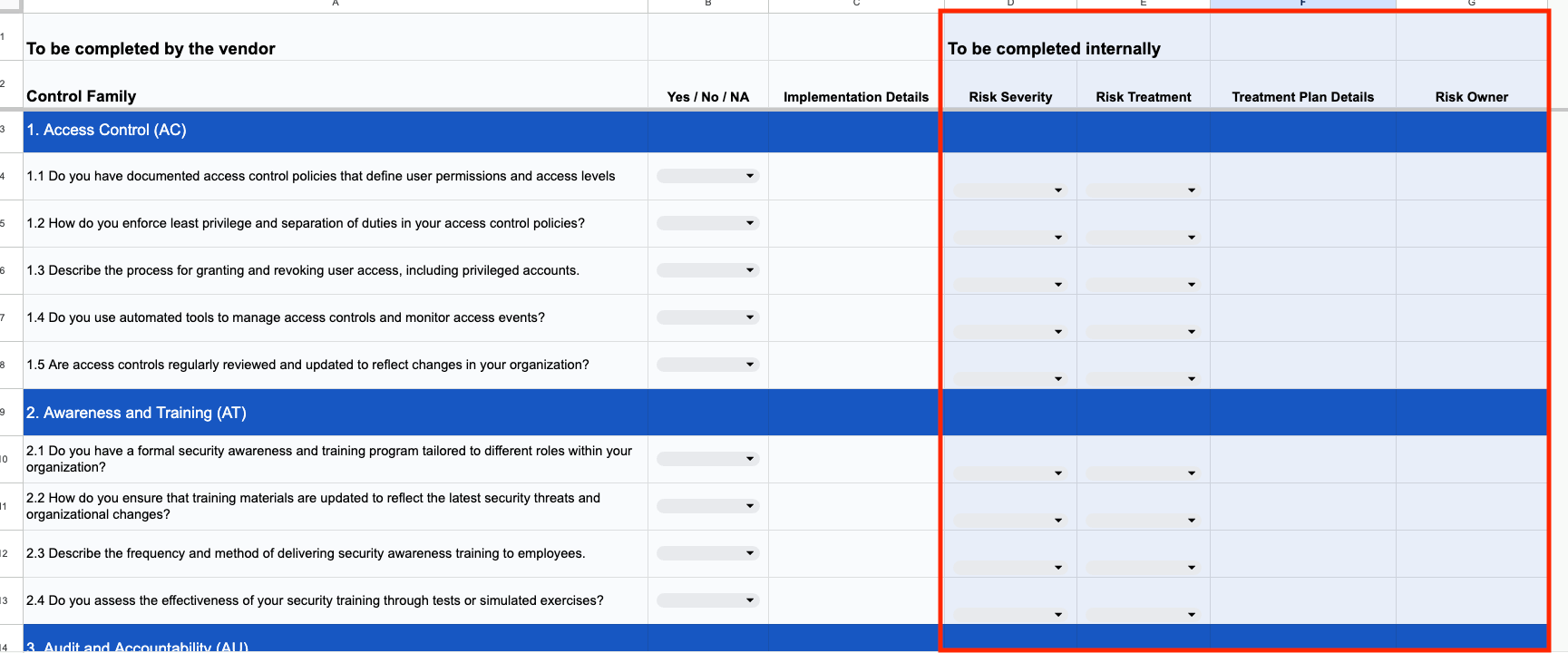 Internal component of NIST 800-53 vendor questionnaire template.