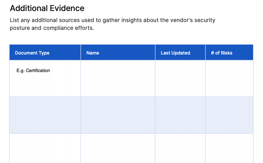 Additional evidence section of a NIST 800-53 risk assessment template.