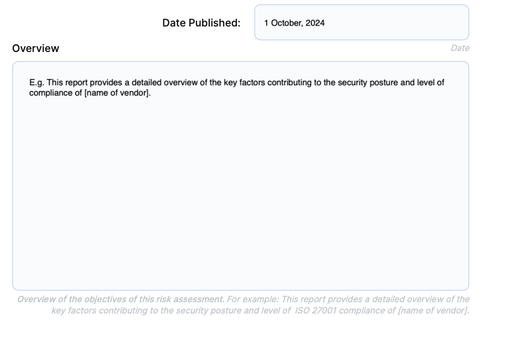 Vendor overview section of a NIST 800-53 risk assessment template.