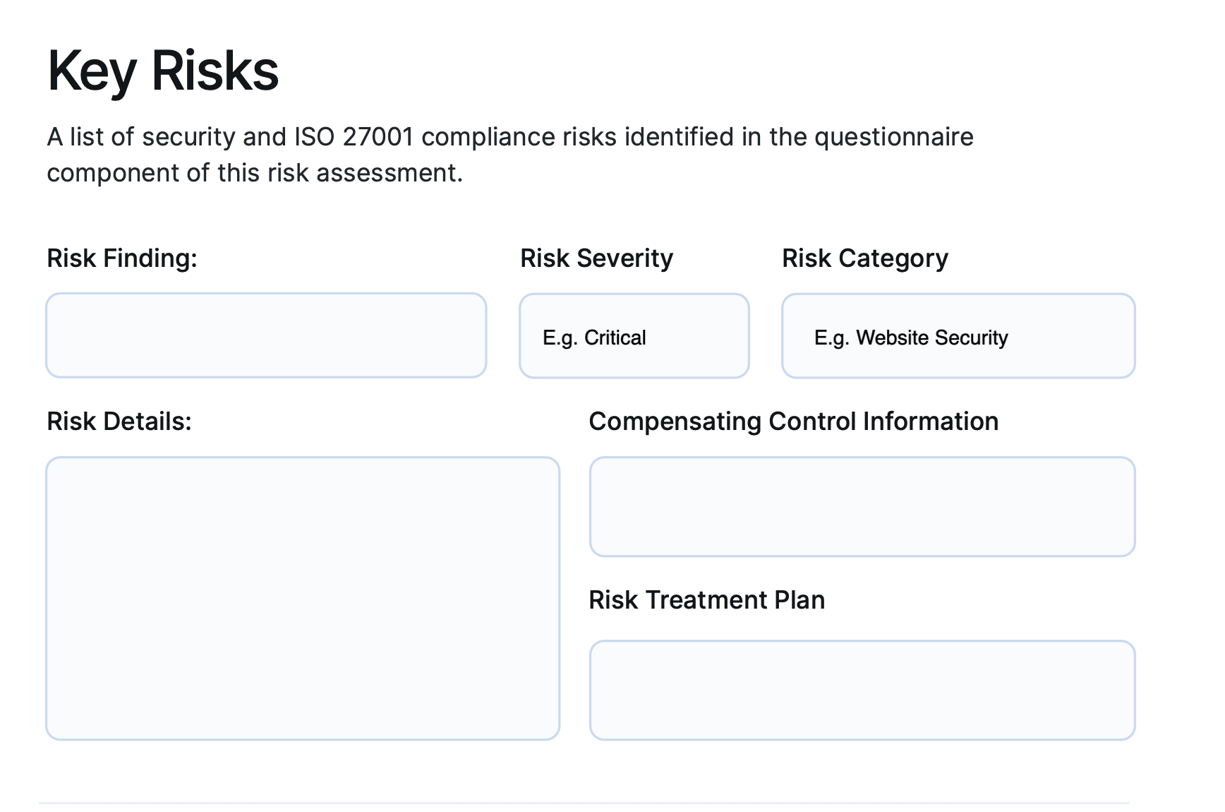 Key risk section of a NIST 800-53 risk assessment template.