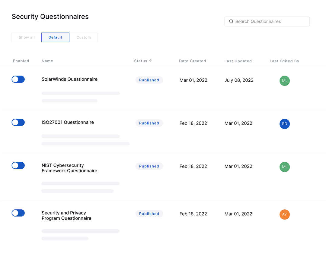 Security questionnaires on the UpGuard platform.