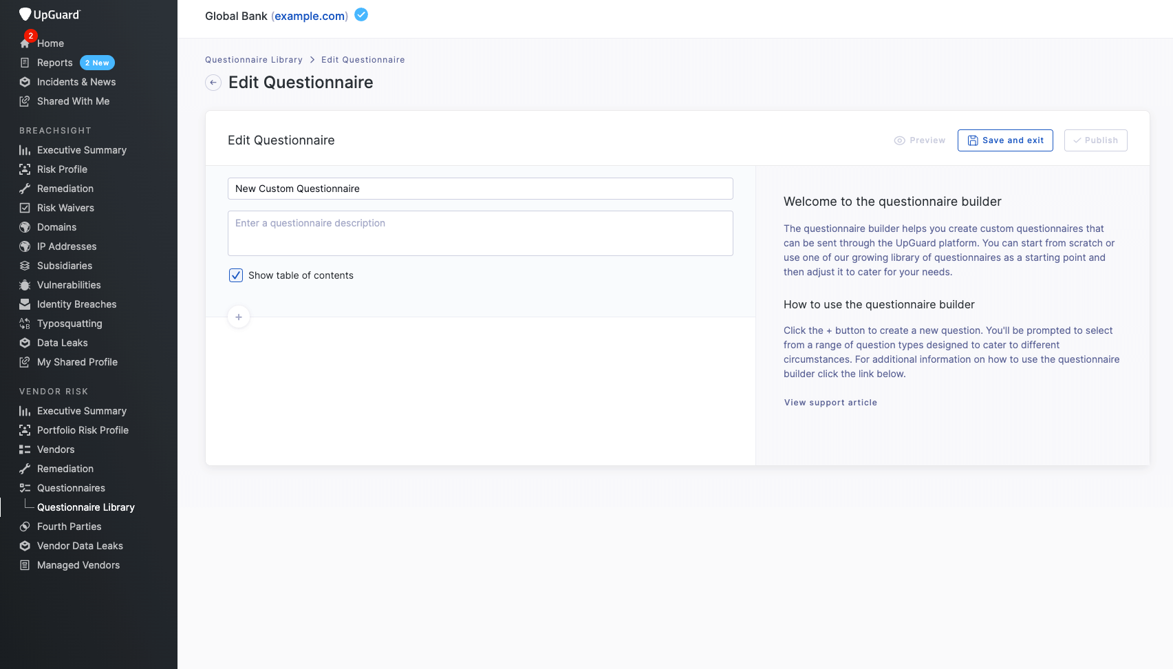 New custom Questionniare on the UpGuard platform.