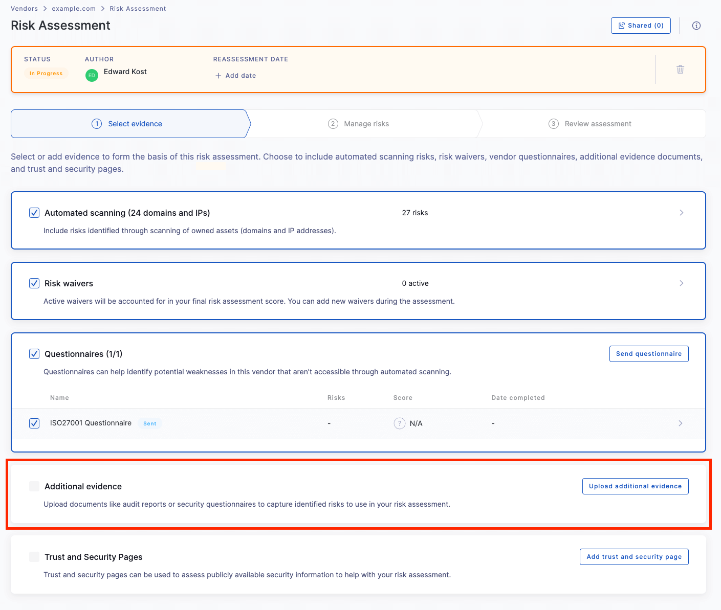 UpGuard offers the option of uploading additional evidence as part of an initial third-party risk exposure evaluation during the due diligence process.