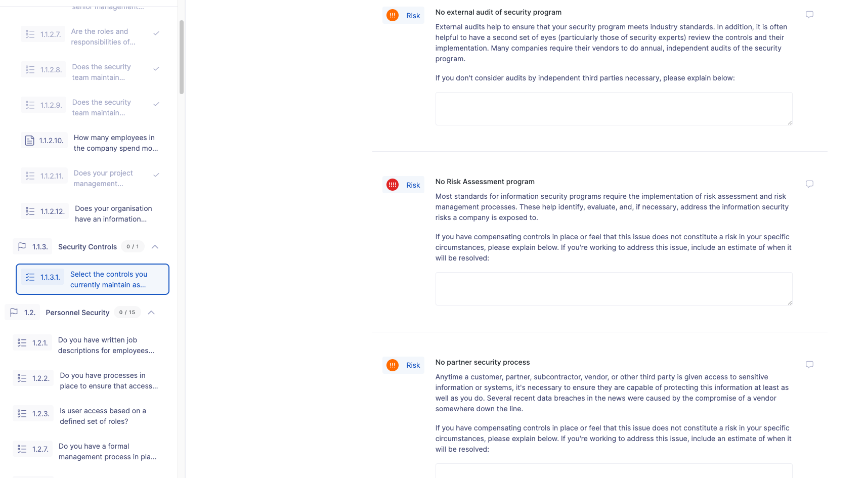 Compliance risks automatically detected from questionnaire responses on the UpGuard platform.