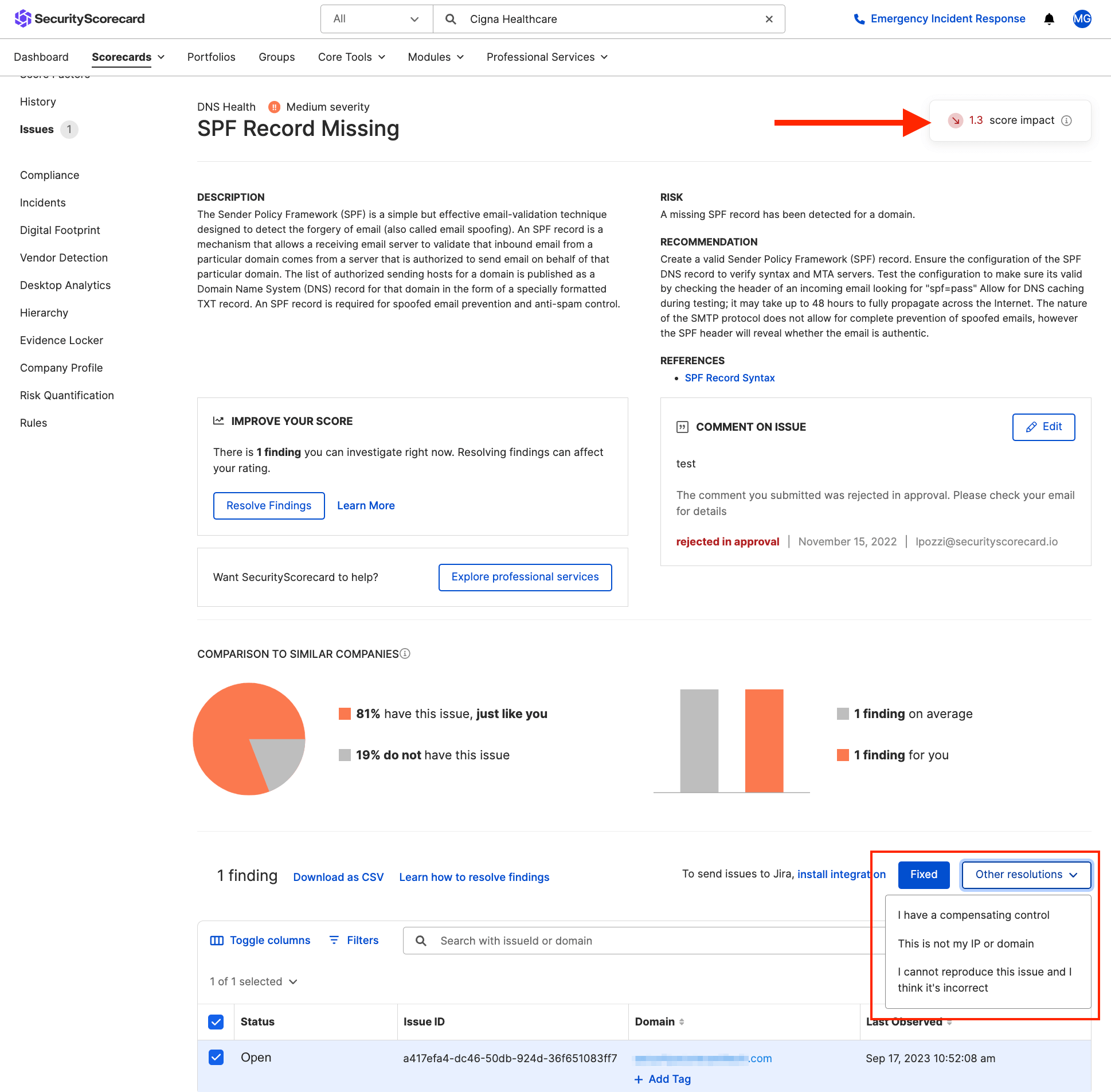 Remediation impact projections on the SecurityScorecard platform.