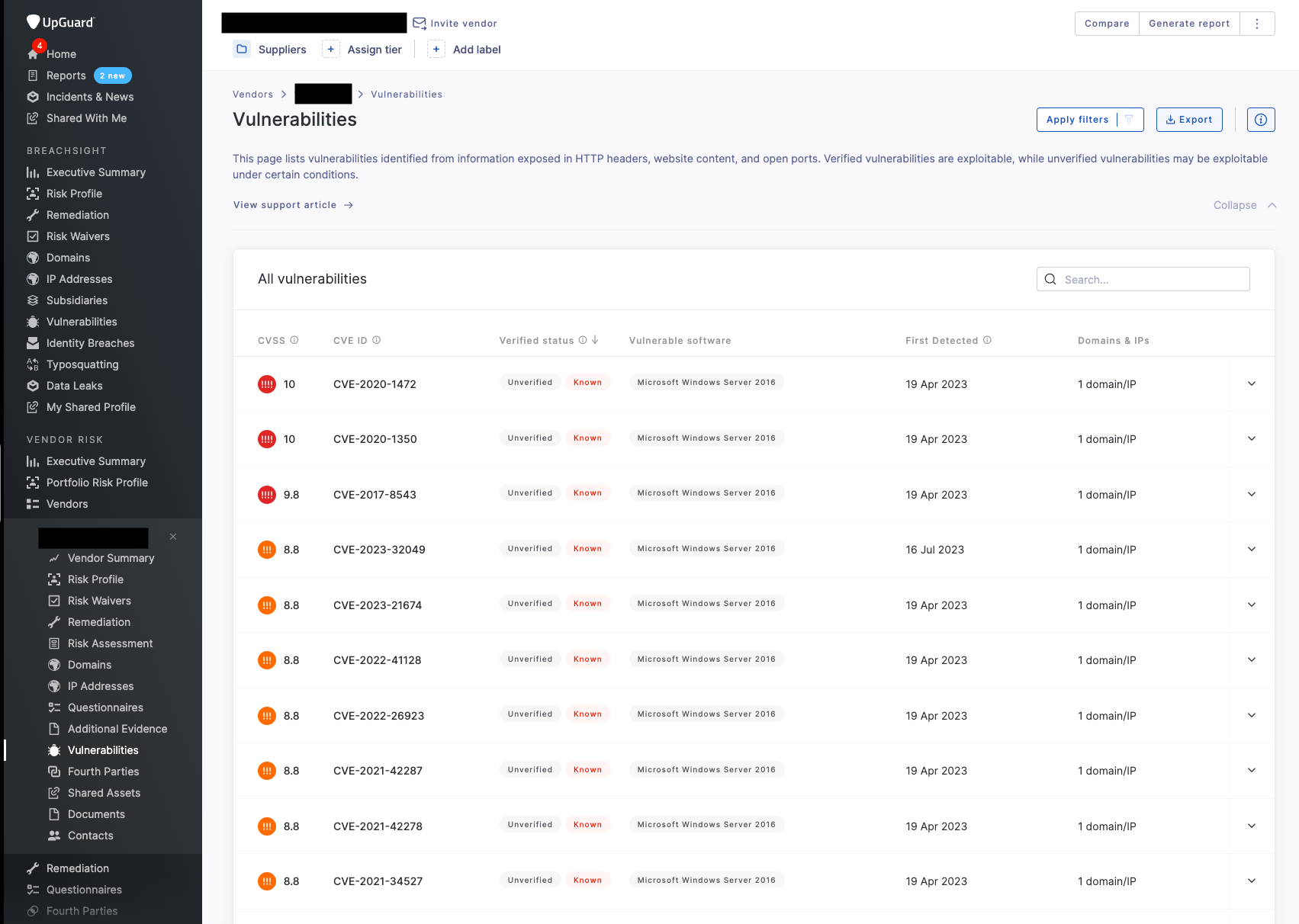 UpGuard’s Vulnerability module listing all of the detected exposures associated with a third party.