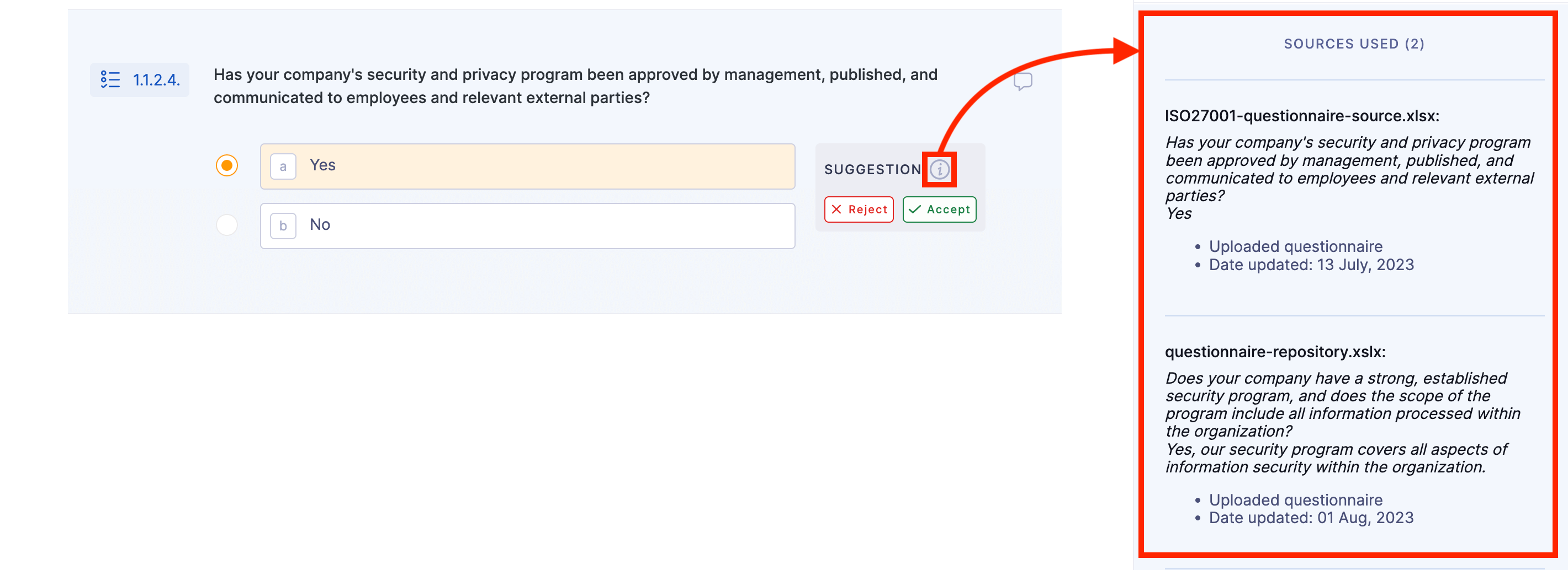 UpGuard's AI Autofill feature suggesting a response based on referenced source data.