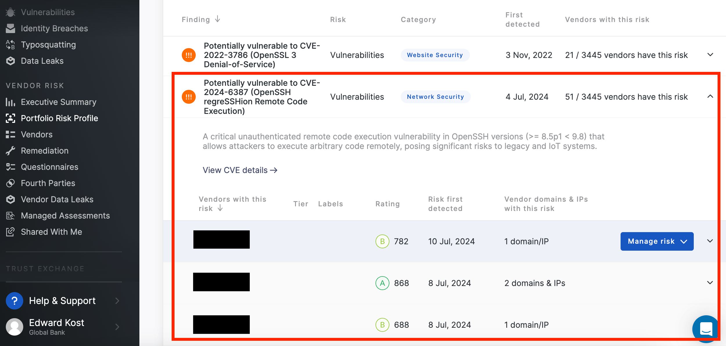 Third-party vendors impacted by CVE-2024-21410 are automatically flagged in UpGuard Vendor Risk