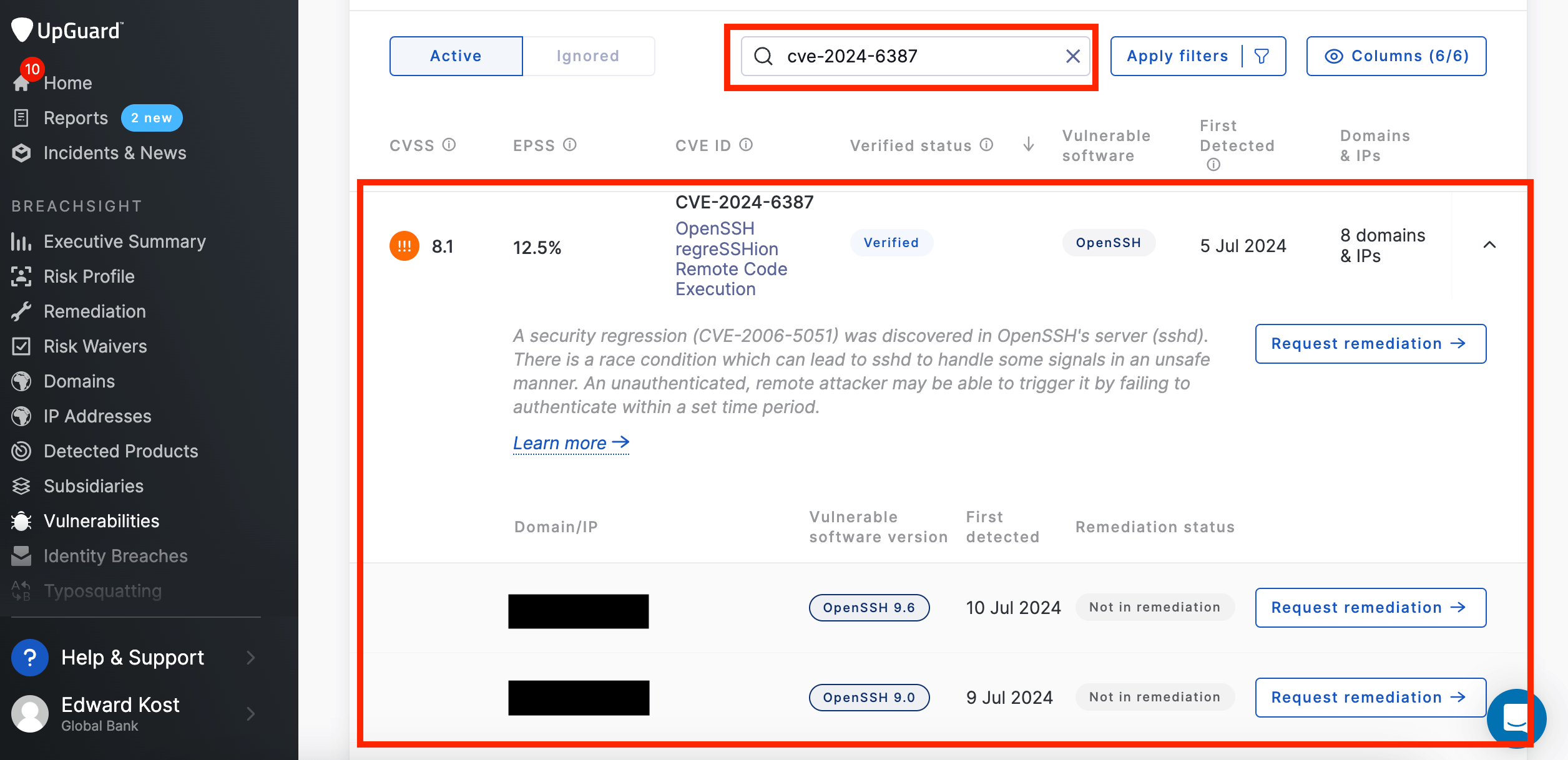 CVE-2024-6387 detection within the vulnerabilities module in UpGuard BreachSight.