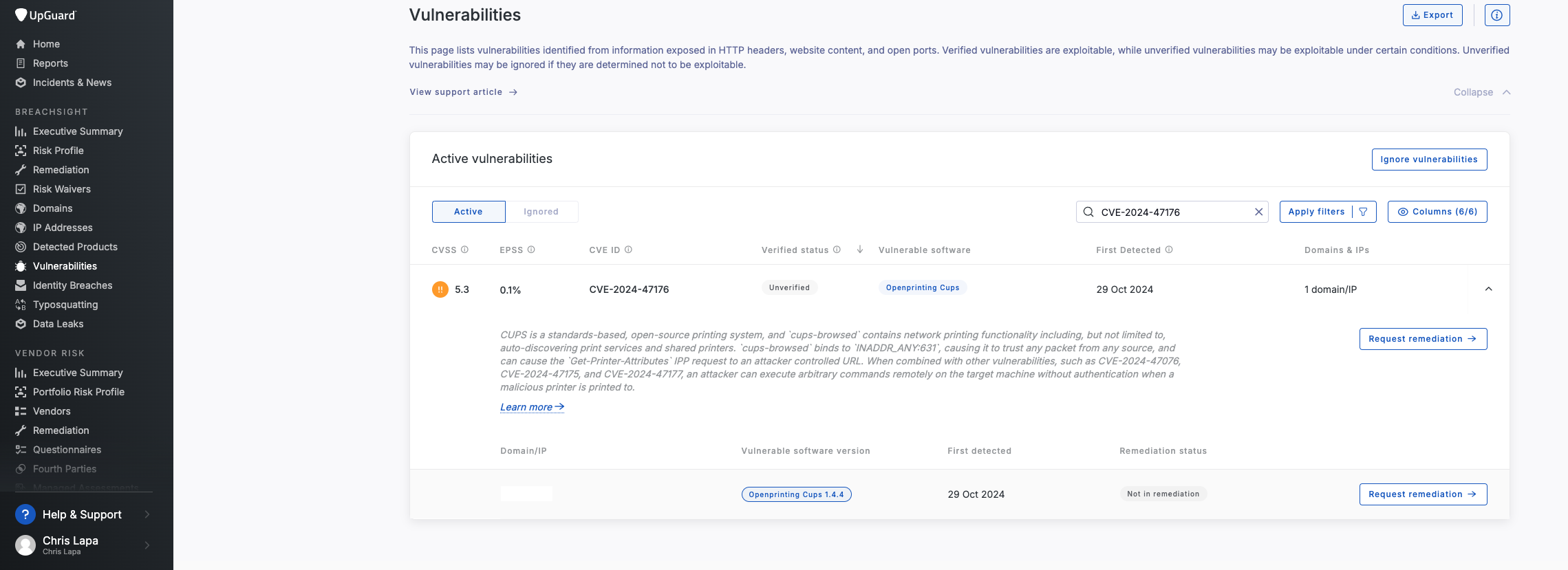 screenshot of CVE-2024-47176 detected in the UpGuard BreachSight platform