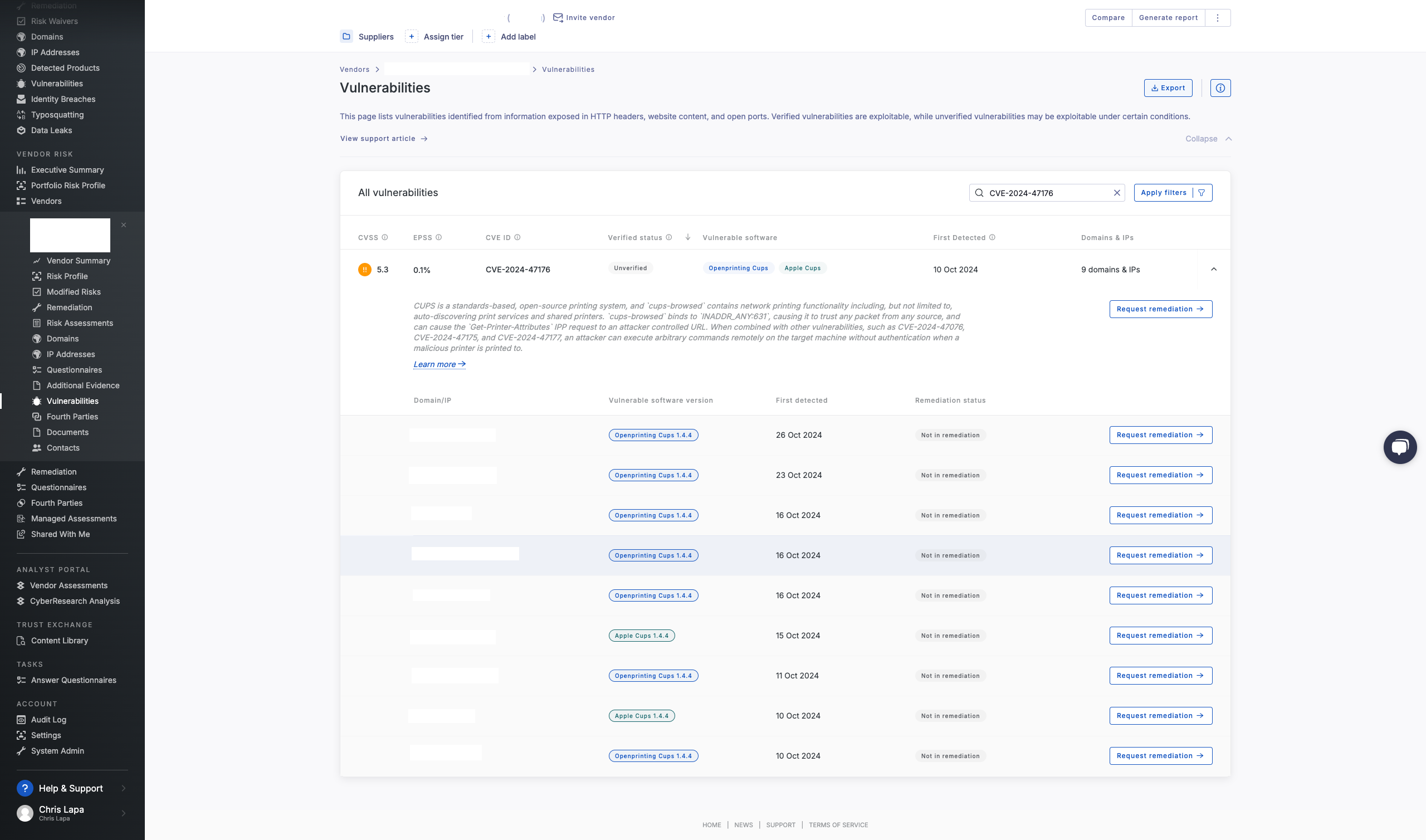 screenshot of CVE-2024-47176 detected in the UpGuard Vendor Risk platform