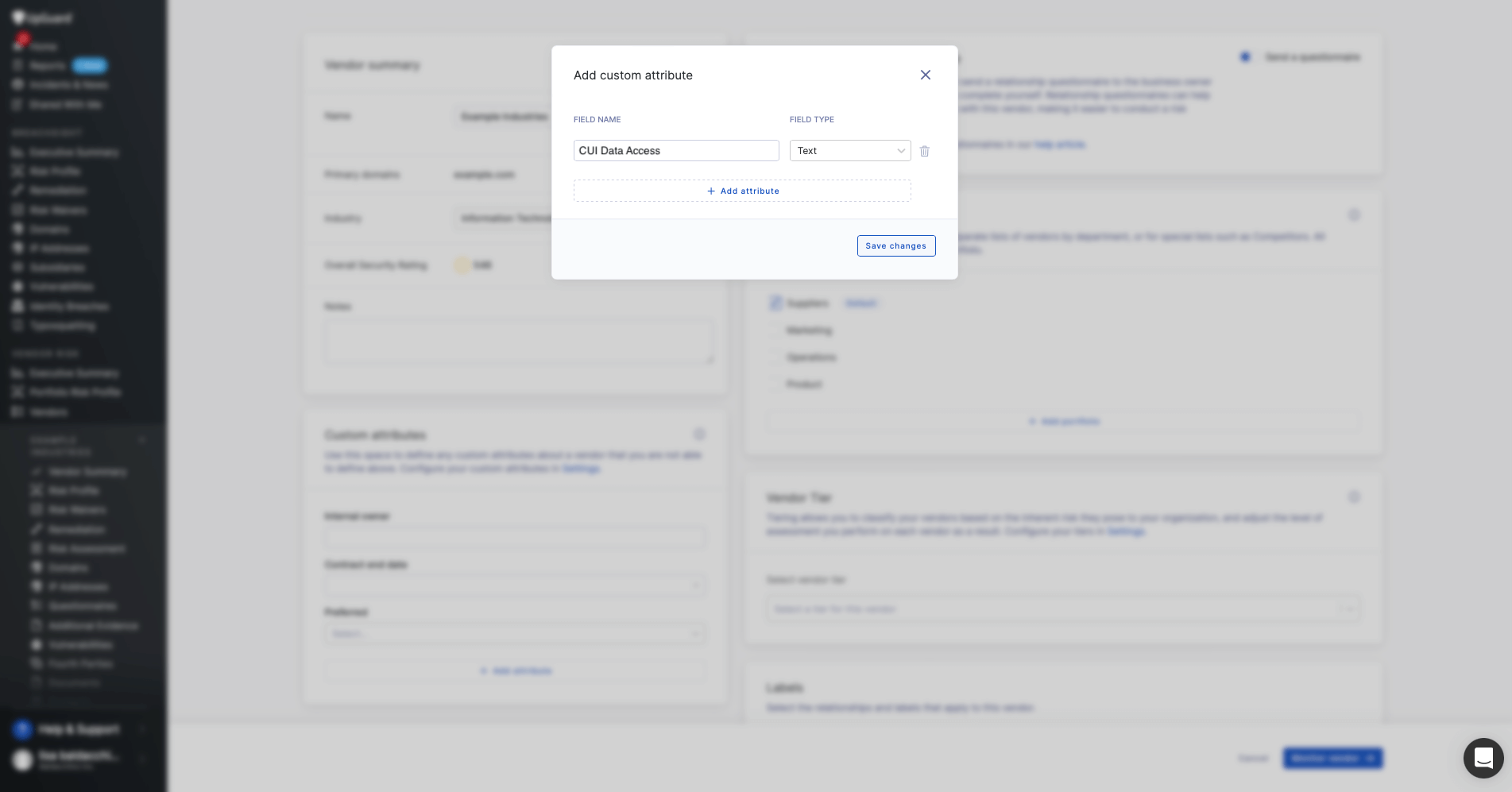 Custom Vendor Attributes feature on the UpGuard platform