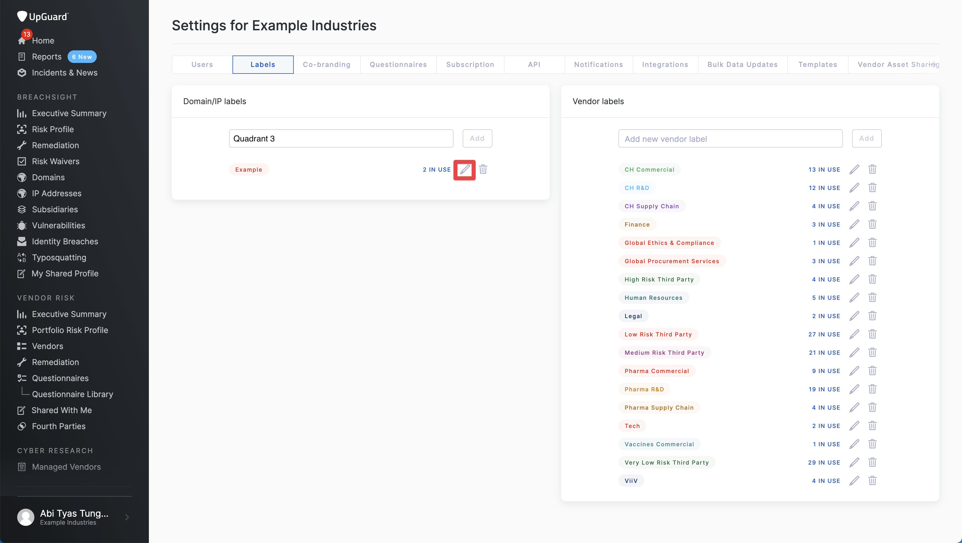 Vendor Label feature on the UpGuard platform.
