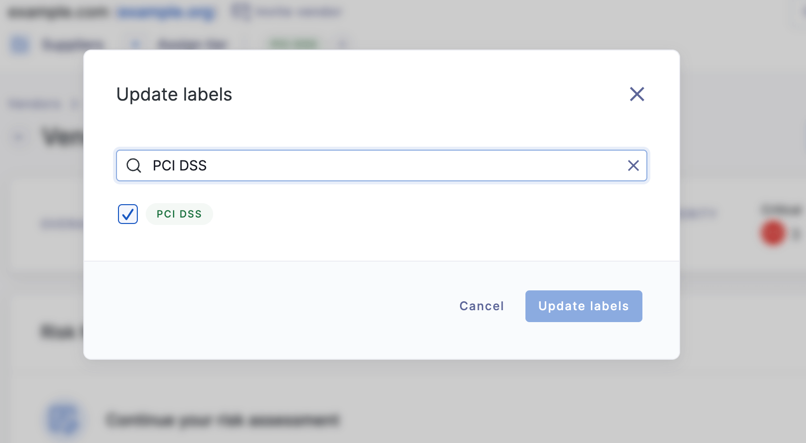 UpGuard's custom labeling feature allows you to include PCI DSS attributes in vendor metadata for tracking and reporting purposes.