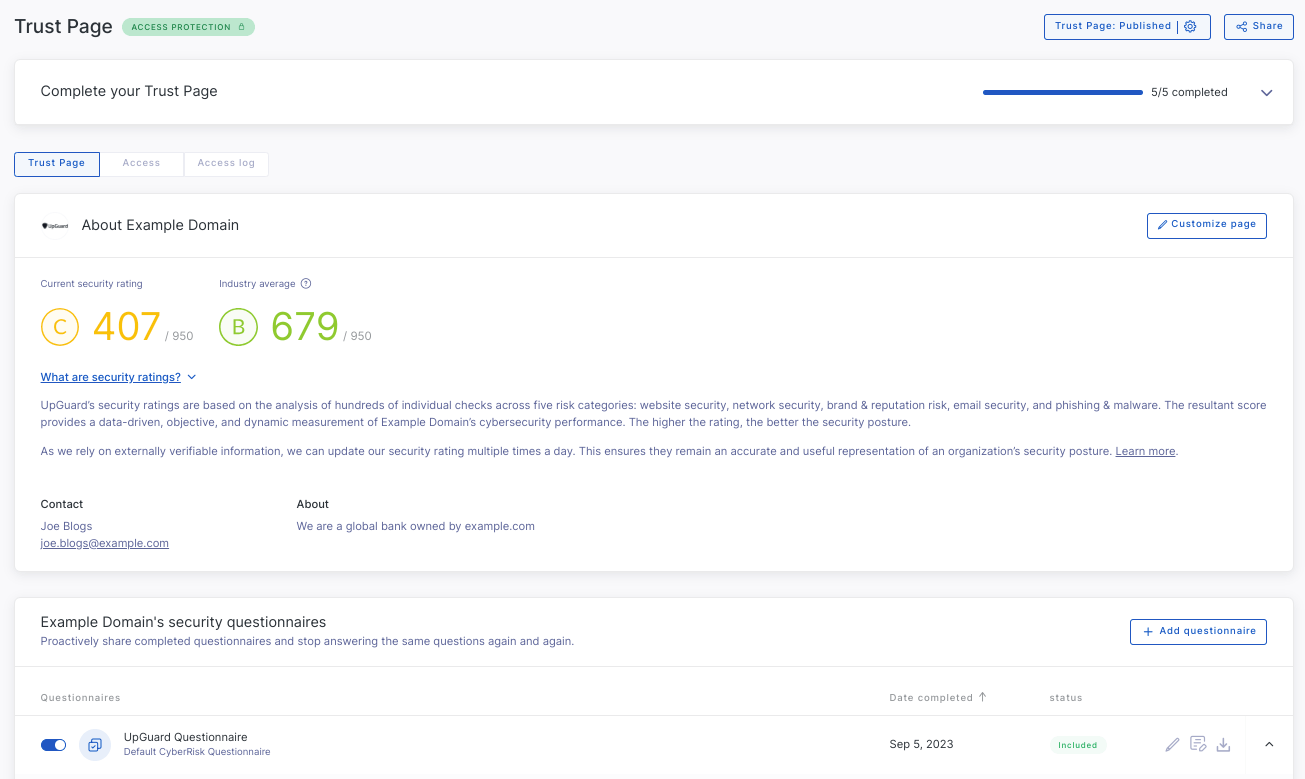 screenshot of trust page from the UpGuard platform