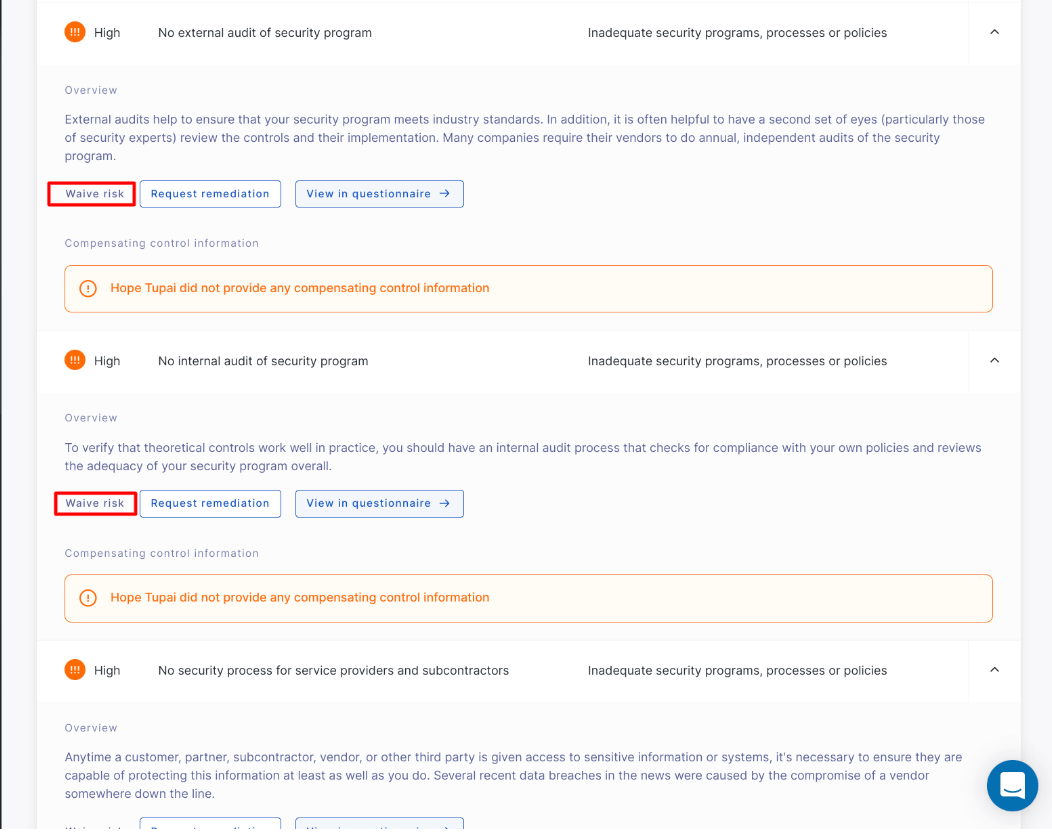 vendor risk waiving on the UpGuard platform.