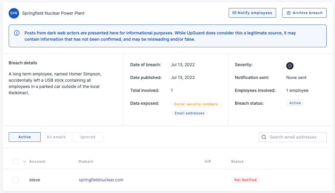 UpGuard's data leak detection dashboard