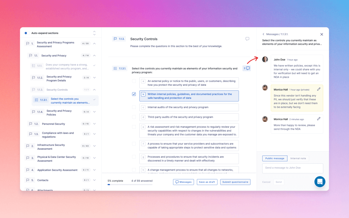 In-line questionnaire feature on the UpGuard platform.