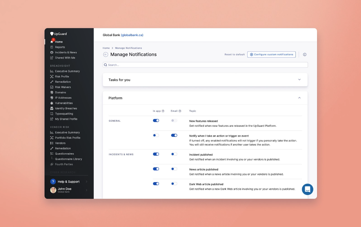 notification manager on the upguard platorm