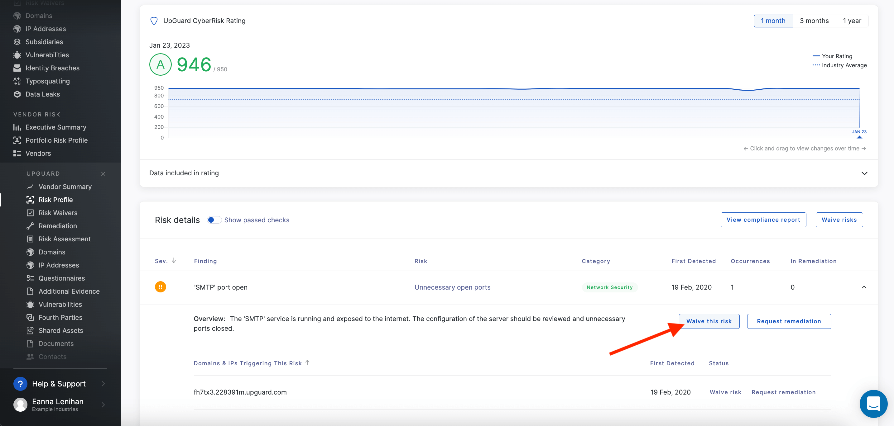 Vendor risk waiving on the UpGuard platform