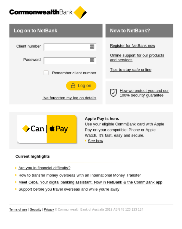 Fake Commonwealth Bank Login Page