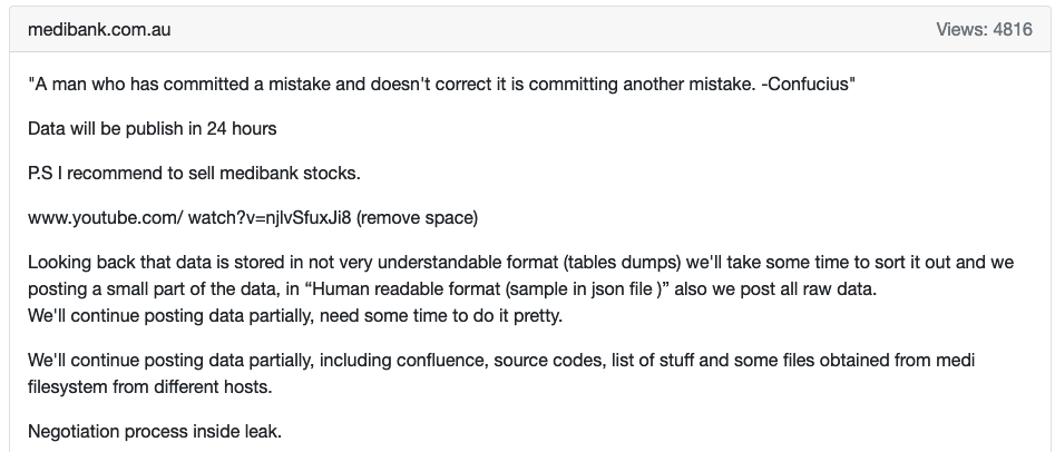 Screenshot of the original post by REvil on the dark web