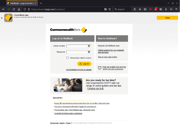 Fraudlent commbank login page