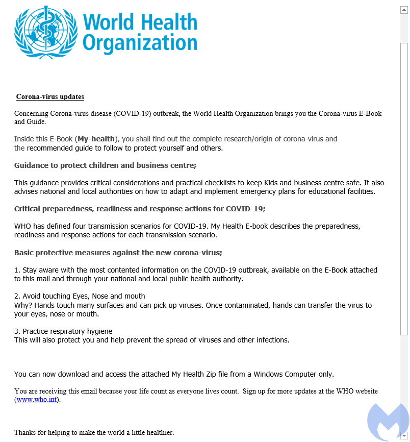 A phishing email posing as an urgent communication from the World Health Organization - Source: Malwarebytes