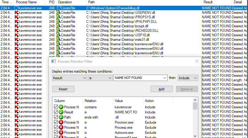 Process Monitor filter displaying results with NAME NOT FOUND.