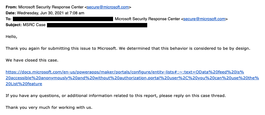 Response from Microsoft Security Response Center