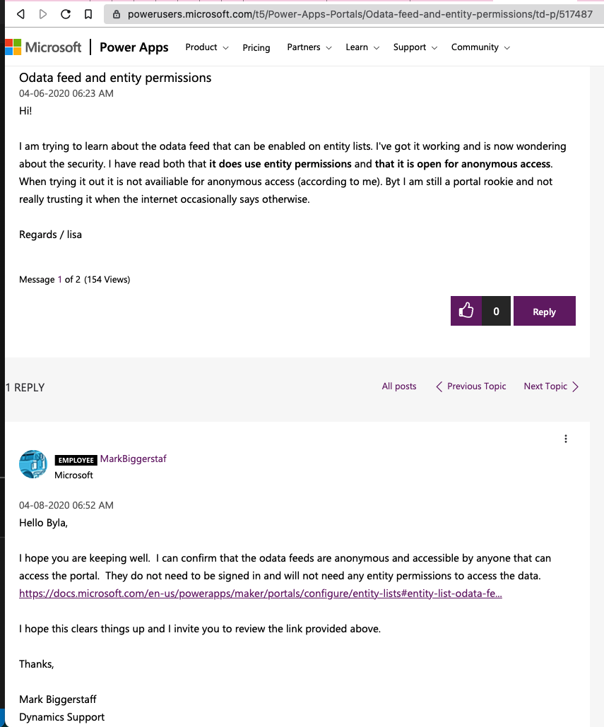 Microsoft support forum post