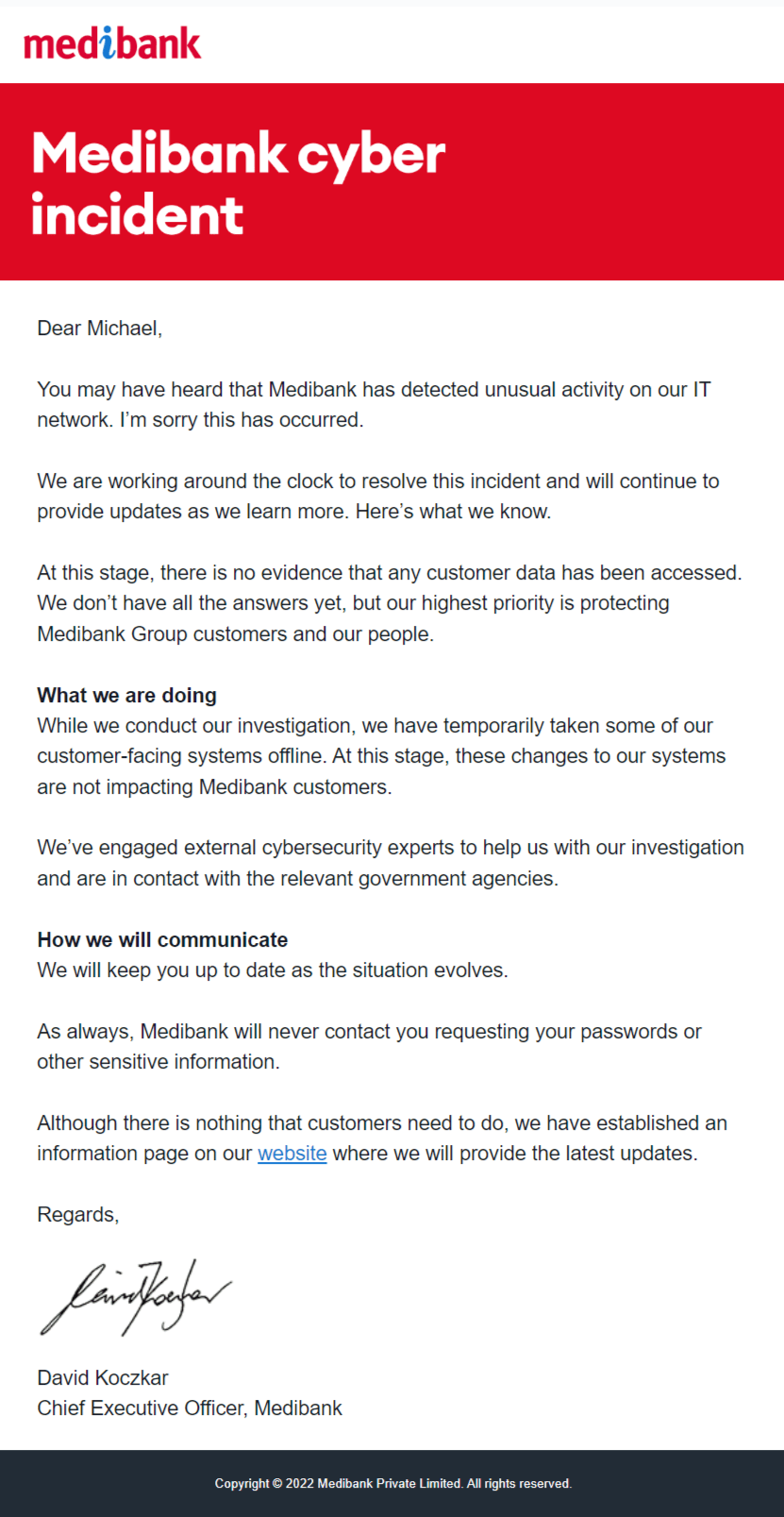 Example Medibank cyber attack announcement email sent to impacted customers.