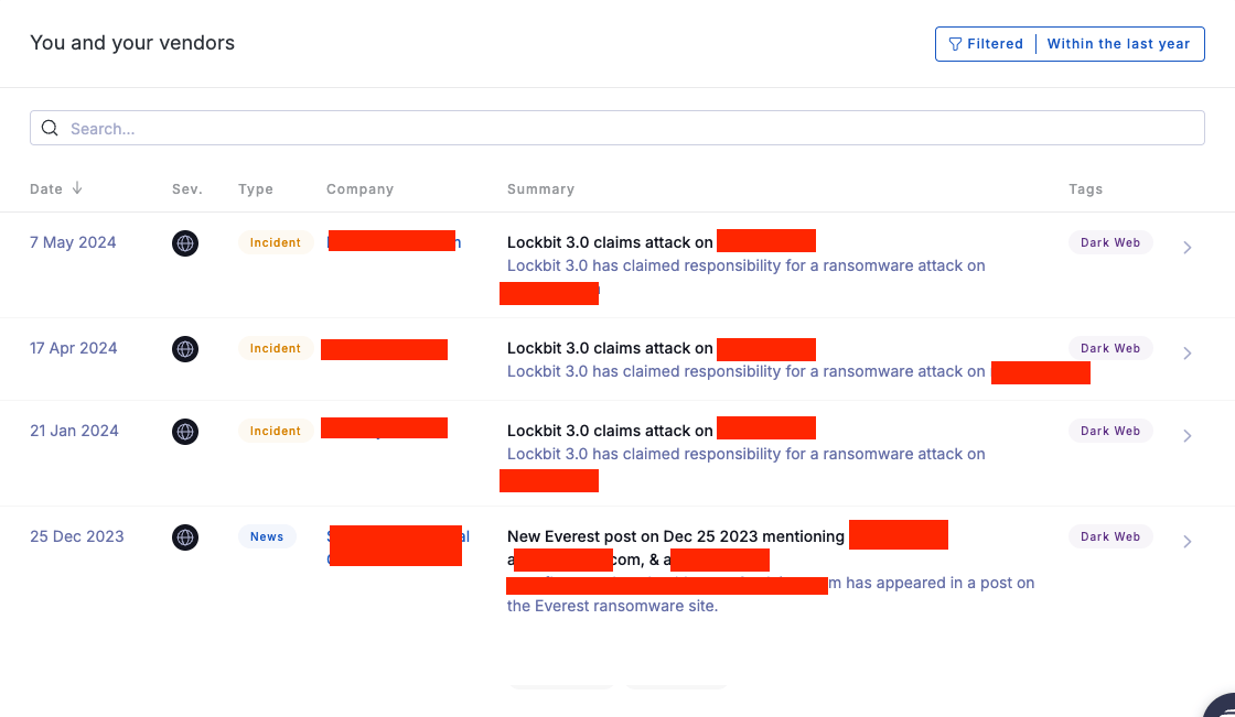 Dark web disclosure examples in UpGuard’s in-product news and incidents feed.