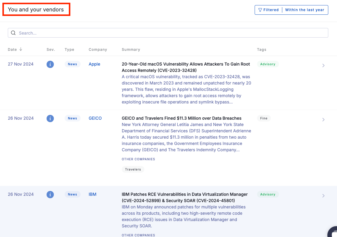 Snapshot of UpGuard’s in-product news and incidents feed highlighting events impacting a company’s vendors.