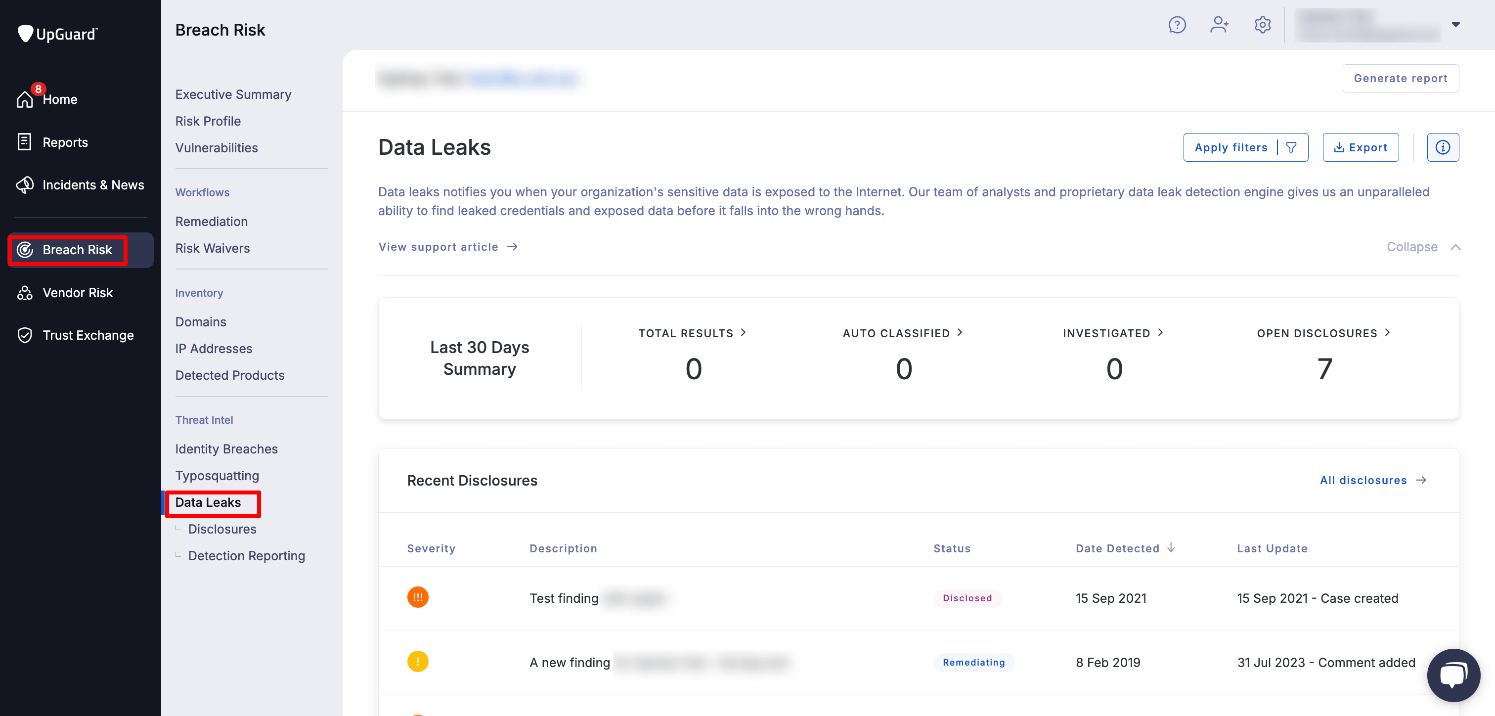 Data leak dashboard in the UpGuard platform.