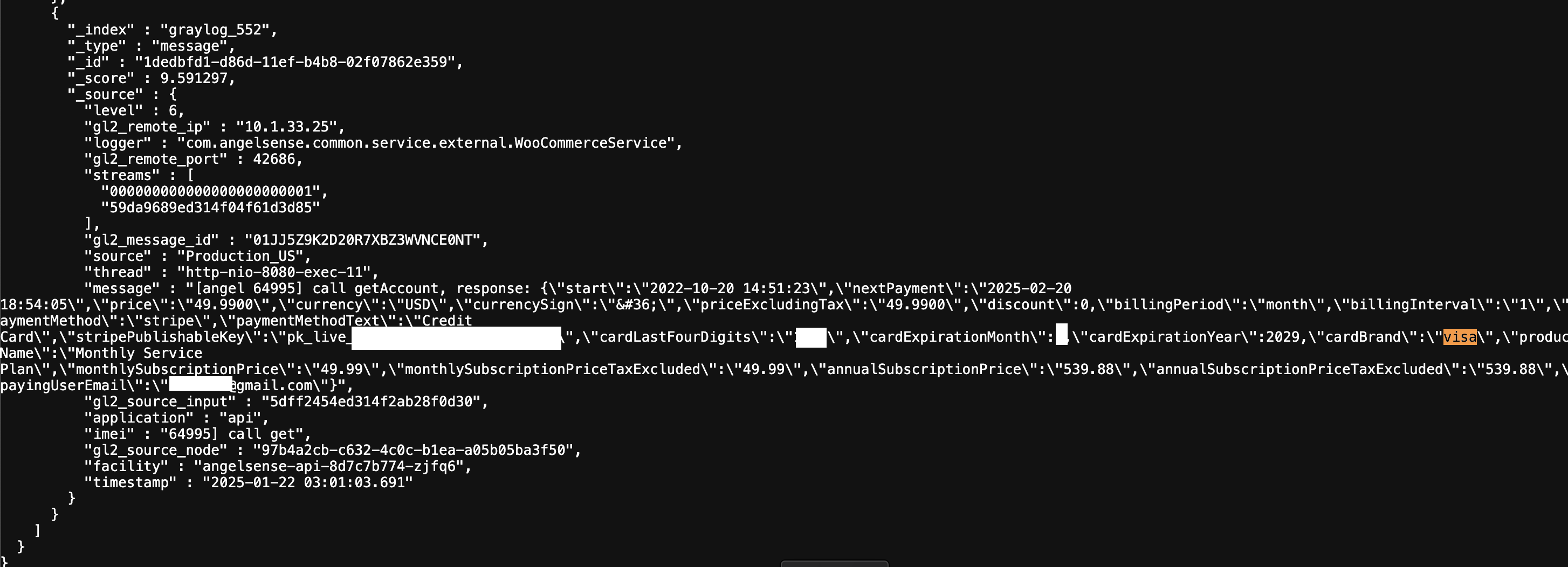 examples of partial credit card information in AngelSense log