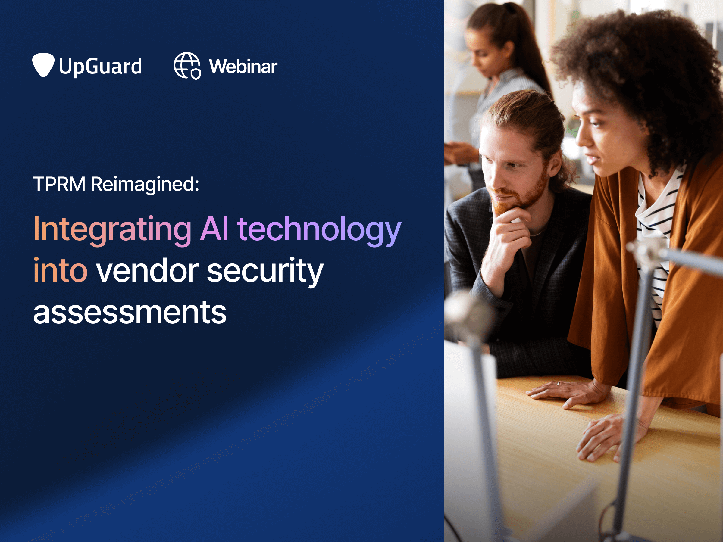 decorative AI-webinar promotion image. includes text of the webinar title "TPRM Reimagined: Integrating AI technology into vendor security assessments
